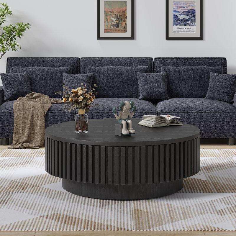Siyah MDF Yivli Tasarım Saklama Alanlı Yuvarlak Orta Sehpa - 81 cm - 246072
