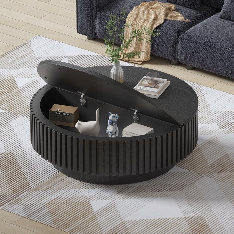 Siyah MDF Yivli Tasarım Saklama Alanlı Yuvarlak Orta Sehpa - 81 cm - 246072