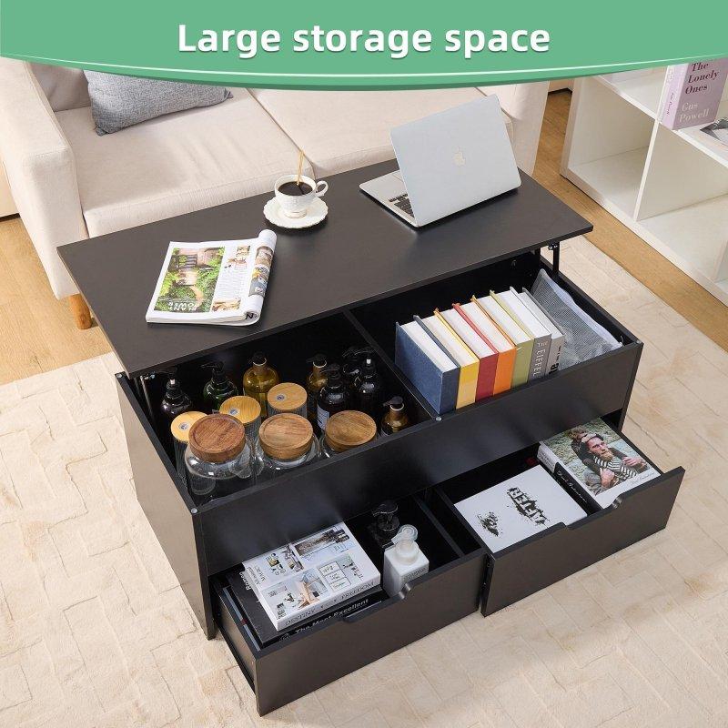 Siyah MDF Yüksekliği Ayarlanabilir 2 Çekmeceli Gizli Bölmeli Akıllı Sehpa - 105x45 cm - 254012