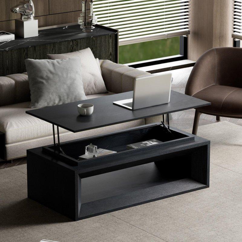 Siyah MDF Yükseltilebilir Tablalı Saklama Alanlı Akıllı Sehpa - 110 cm - 254128