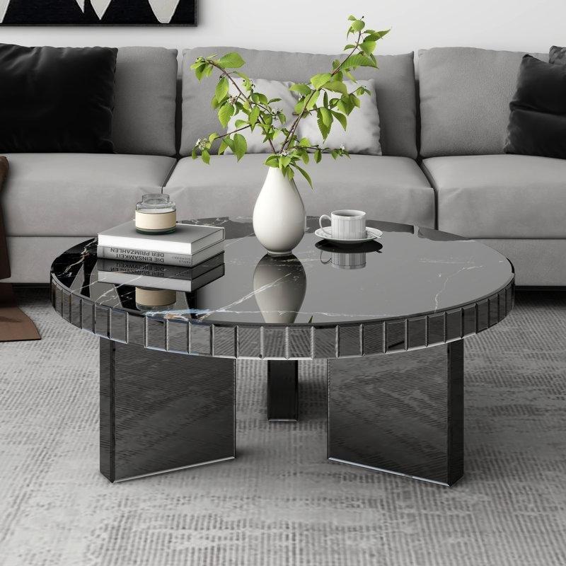 Siyah Mermer Desenli Aynalı Üç Ayaklı Yuvarlak Orta Sehpa - 90 cm - 244853