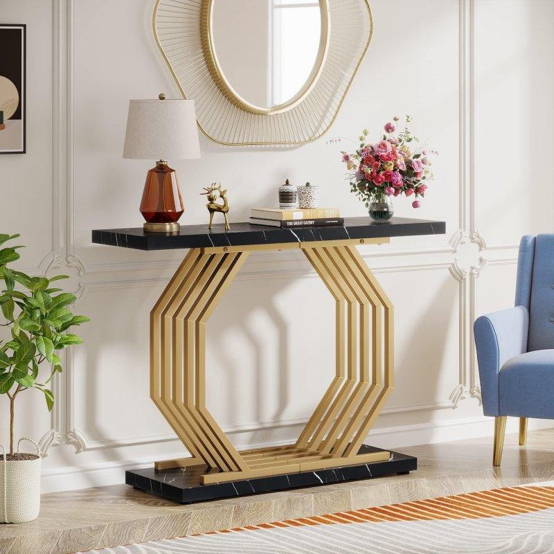 Siyah Mermer Desenli Gold Metal Geometrik Ayaklı Dresuar - 102 cm - 332281