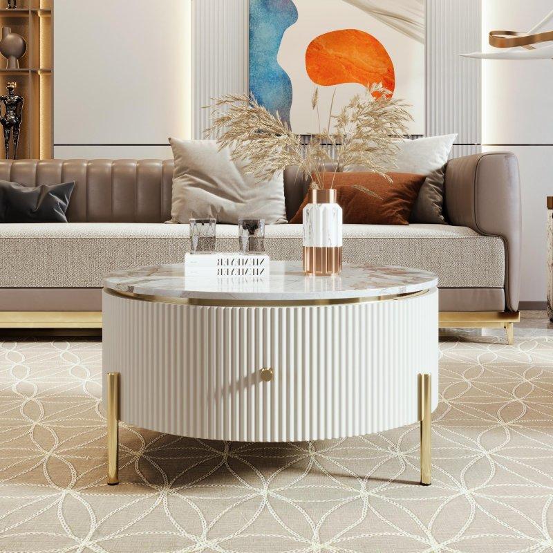 Siyah Mermer Desenli MDF 2 Çekmeceli Metal Ayaklı Yuvarlak Orta Sehpa - 81x43 cm - 242651