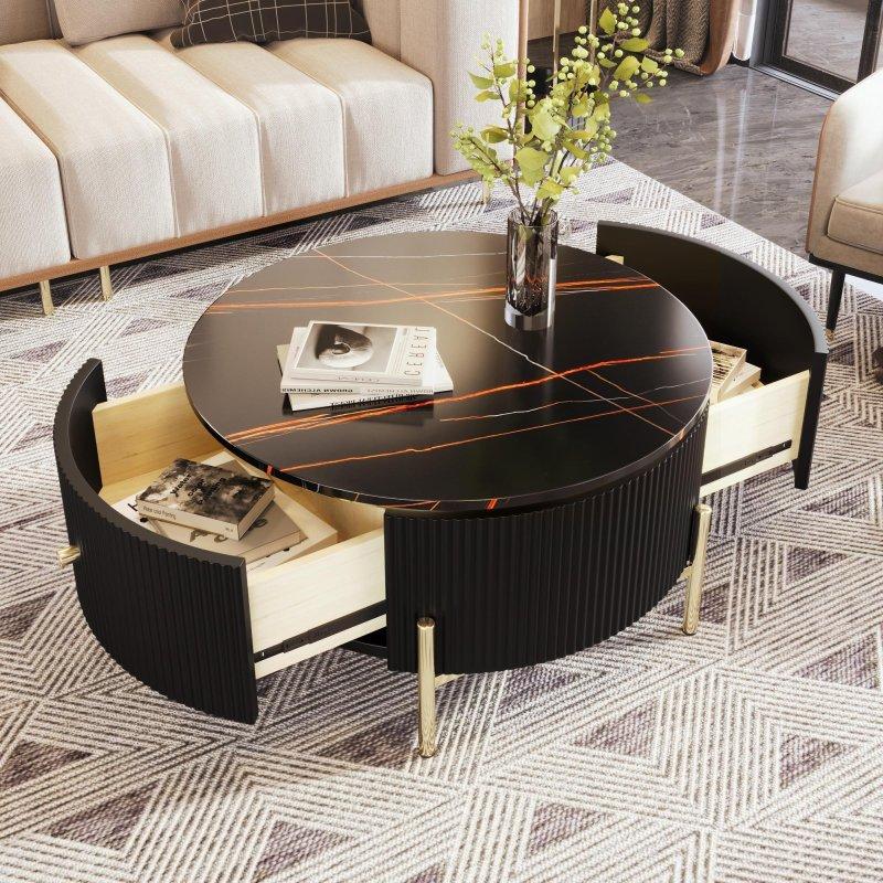 Siyah Mermer Desenli MDF 2 Çekmeceli Metal Ayaklı Yuvarlak Orta Sehpa - 81x43 cm - 242651