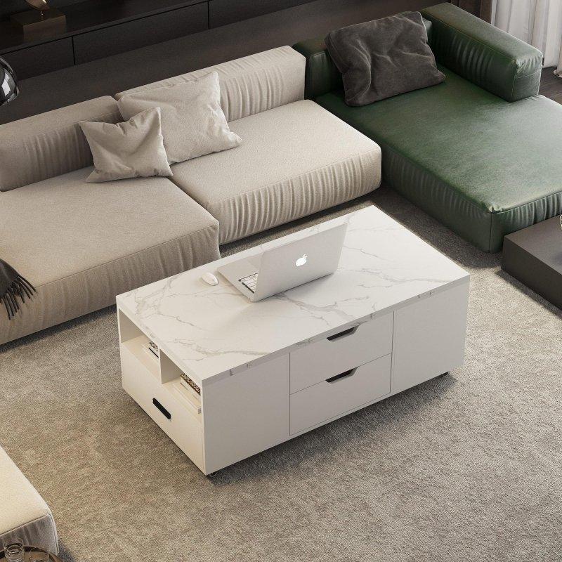 Siyah Mermer Desenli MDF 2 Tabureli Açılabilir Depolama Alanlı Akıllı Sehpa - 116x60 cm - 253931