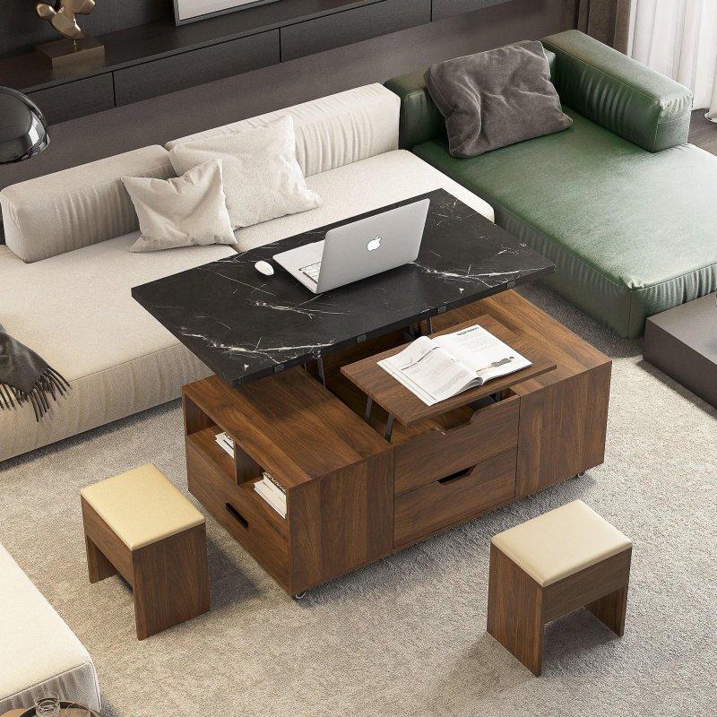 Siyah Mermer Desenli MDF 2 Tabureli Açılabilir Depolama Alanlı Akıllı Sehpa - 116x60 cm - 253931