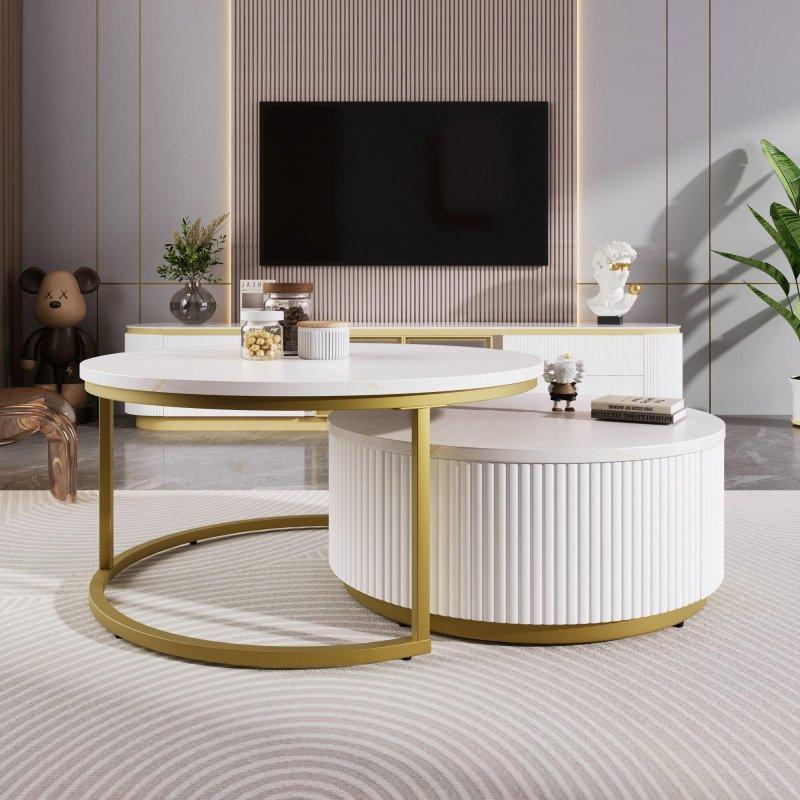 Siyah Mermer Tabla Gold Detaylı Yivli Depolamalı Zigon Yuvarlak Orta Sehpa - 70 cm - 239766