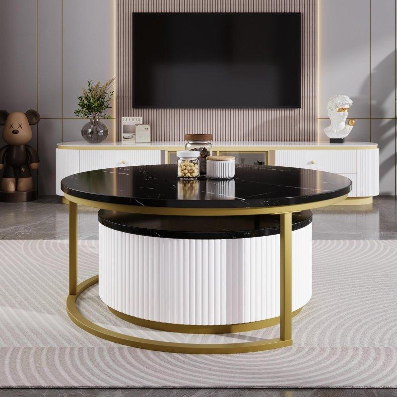 Siyah Mermer Tabla Gold Detaylı Yivli Depolamalı Zigon Yuvarlak Orta Sehpa - 70 cm - 239766