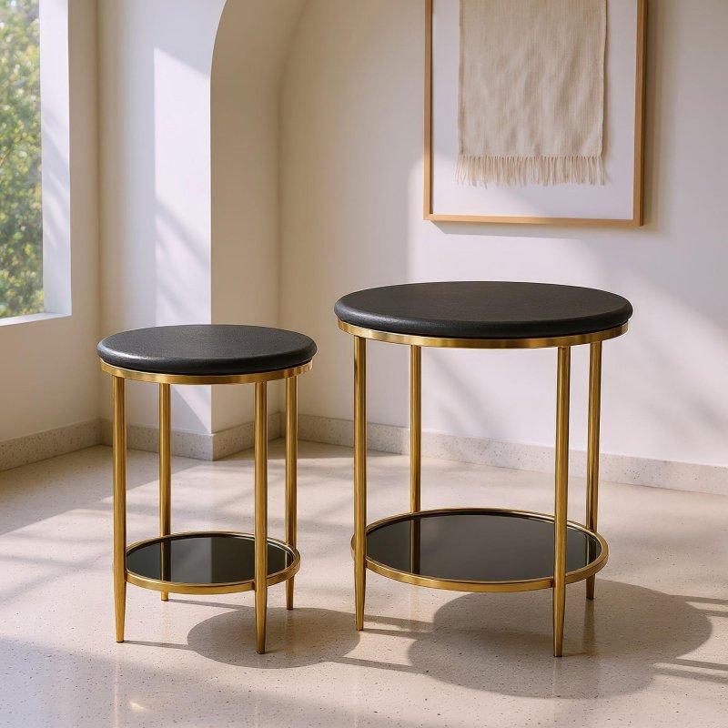 Siyah Mermer Tablalı 2li MDF Yuvarlak Orta Sehpa Seti - 44x52 cm - 240626