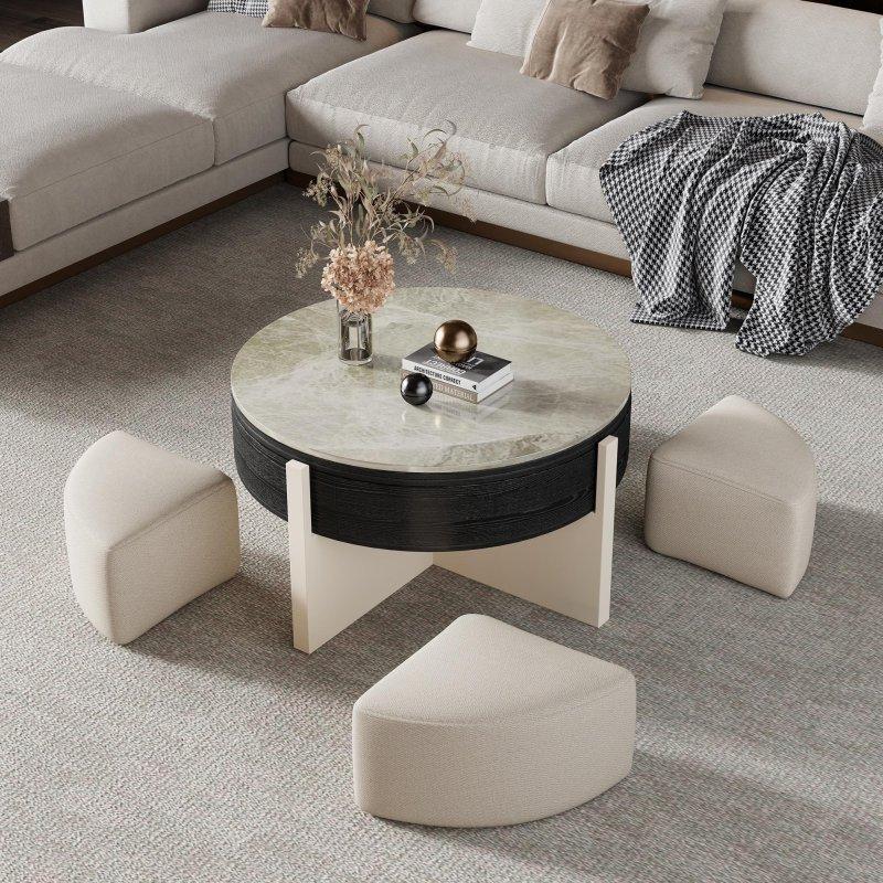 Siyah Mermer ve Ahşap Asansörlü 3 Puflu Gizli Bölmeli Yuvarlak Orta Sehpa - 81x56 cm - 242854