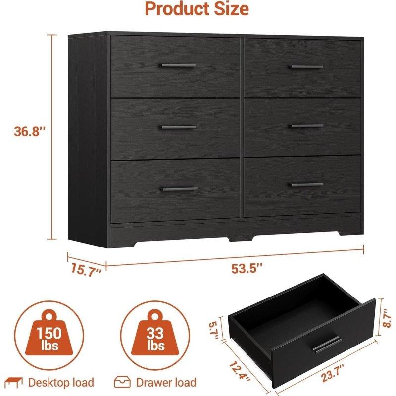 Siyah Meşe 6 Çekmeceli Metal Kulplu Modern Şifonyer - 120 cm - 295690
