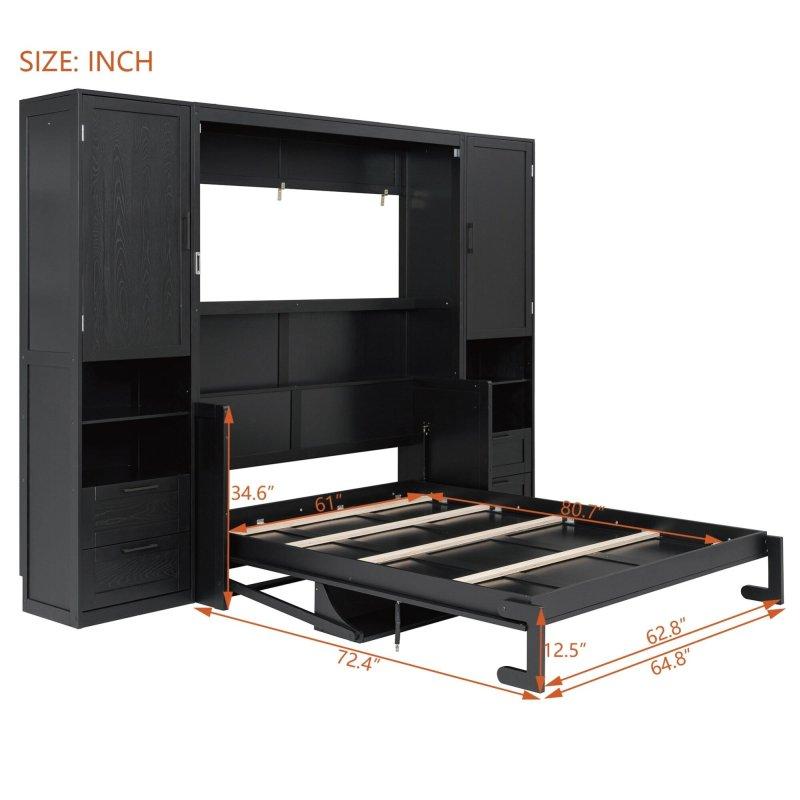 Siyah Meşe MDF Çift Gardıroplu Raflı Yan Açılır Duvar Yatağı - 289 cm - 263660