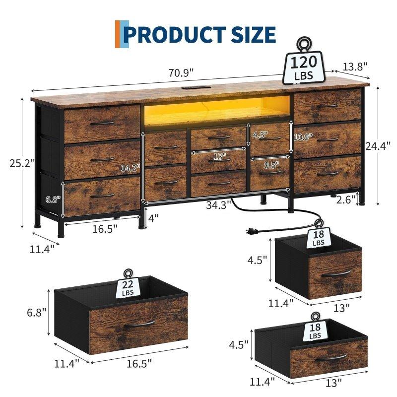 Siyah Meşe RGB LED Işıklı 13 Çekmeceli TV Sehpası Fonksiyonlu Şifonyer - 309315