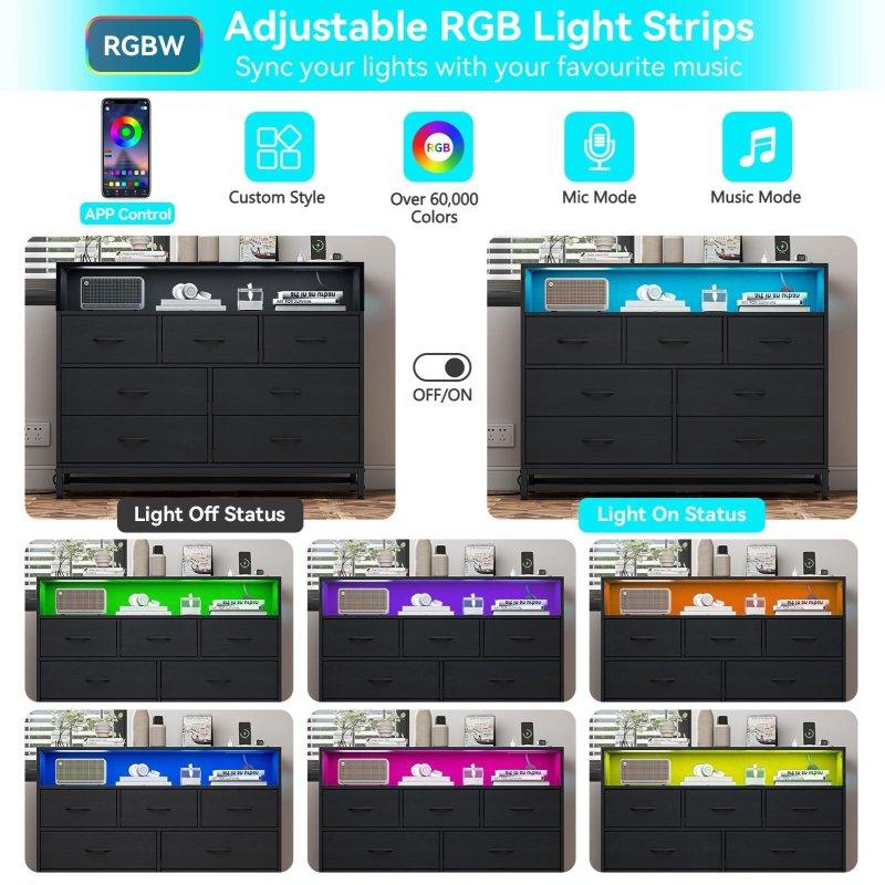 Siyah Meşe Şarj İstasyonlu ve RGB LED Aydınlatmalı 7 Çekmeceli Şifonyer - 309216