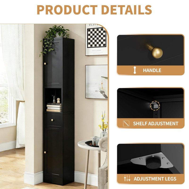 Siyah Metal 5 Raflı 2 Kapaklı Dar Solo Çok Amaçlı Banyo Dolabı - 181x31x31 cm - 333367