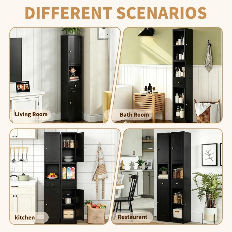 Siyah Metal 5 Raflı 2 Kapaklı Dar Solo Çok Amaçlı Banyo Dolabı - 181x31x31 cm - 333367
