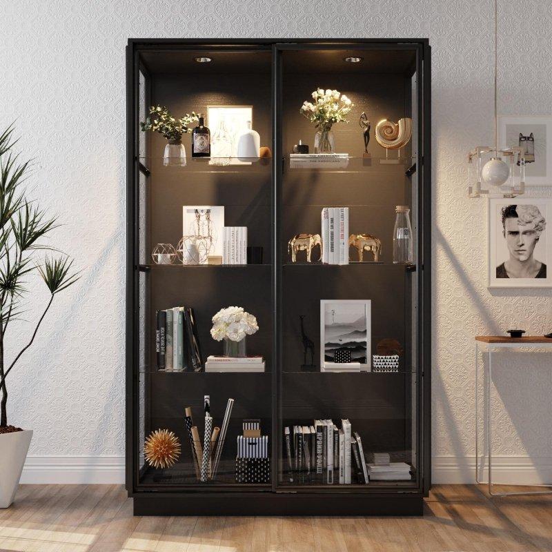 Siyah Metal Ahşap Cam Kapaklı Işıklı Kitaplık - 123x190x60 cm - 319605