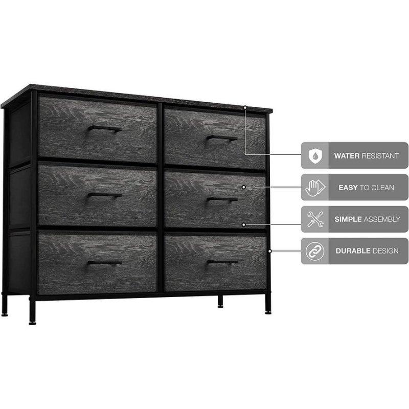 Siyah Metal Ahşap Desenli 6 Çekmeceli Kumaş Şifonyer - 312044