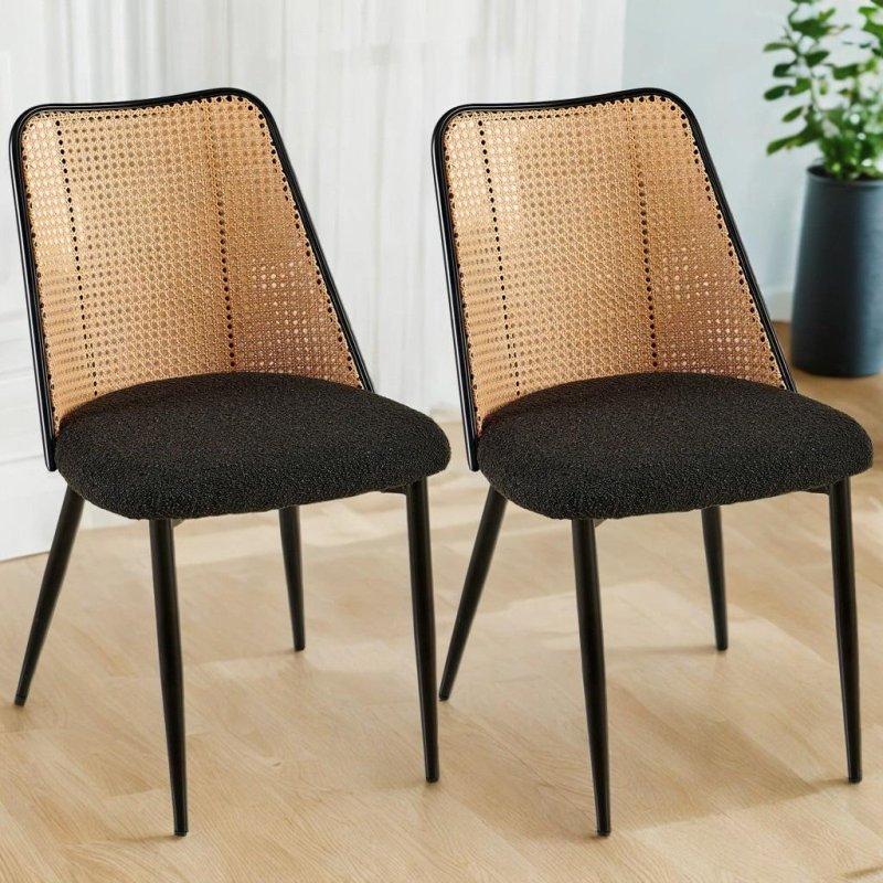 Siyah Metal Ayaklı Döşemeli El Örgüsü Rattan Sandalye 2li Set - 251809