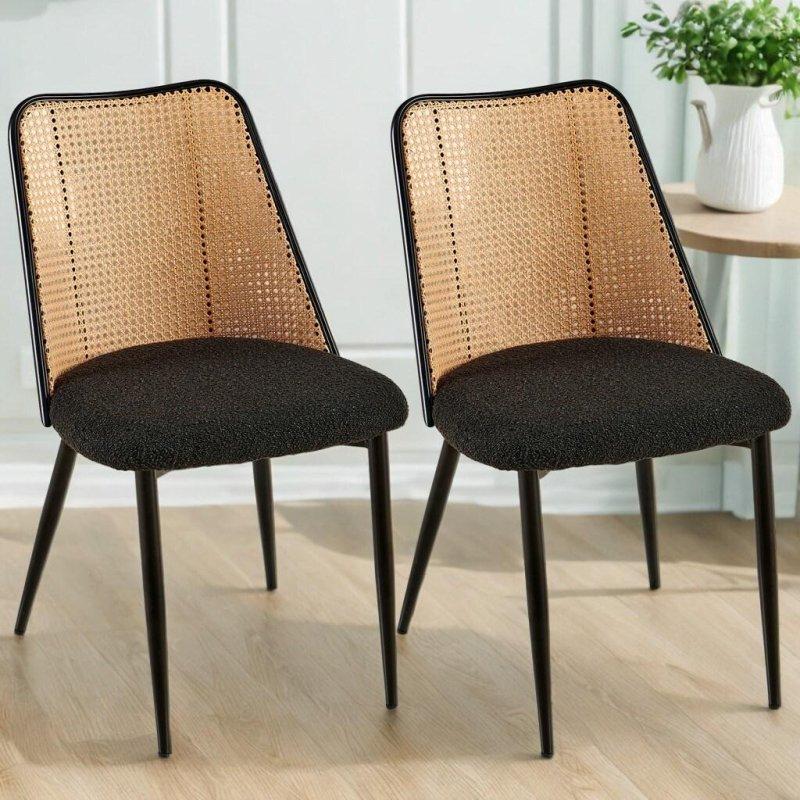 Siyah Metal Ayaklı Döşemeli El Örgüsü Rattan Sandalye 2li Set - 251809