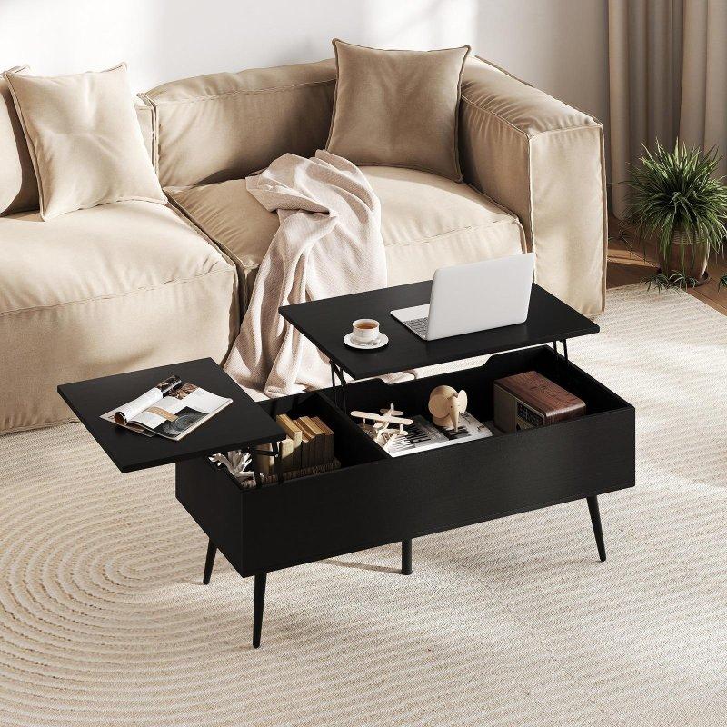 Siyah Metal Ayaklı Endüstriyel Ahşap Kaldırılabilir Bölünmüş Tablalı Akıllı Sehpa - 112x49 cm - 253726