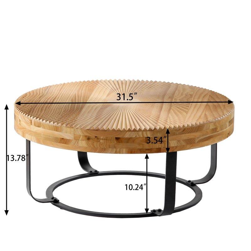 Siyah Metal Ayaklı Masif Çam Oymalı Desenli Yuvarlak Orta Sehpa - 81x36 cm - 241256
