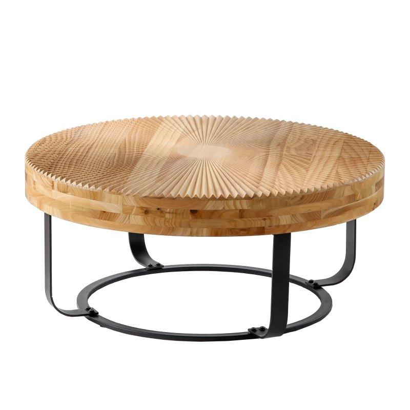 Siyah Metal Ayaklı Masif Çam Oymalı Desenli Yuvarlak Orta Sehpa - 81x36 cm - 241256