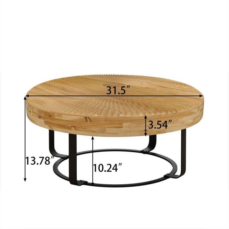 Siyah Metal Ayaklı Naturel Oymalı Masif Çam Yuvarlak Orta Sehpa - 81x36 cm - 241862