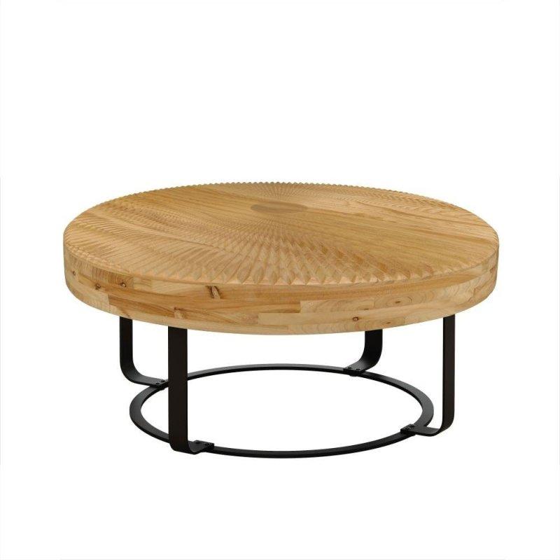 Siyah Metal Ayaklı Naturel Oymalı Masif Çam Yuvarlak Orta Sehpa - 81x36 cm - 241862