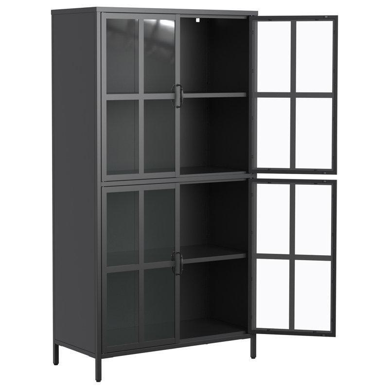 Siyah Metal Ayarlanabilir Raflı Manyetik Kapaklı Cam Kapaklı Kitaplık - 160x85x40 cm - 238546