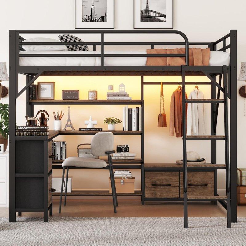 Siyah Metal Çalışma Masalı LED Işıklı ve Dolaplı Ranza - 195x142x172 cm - 248997