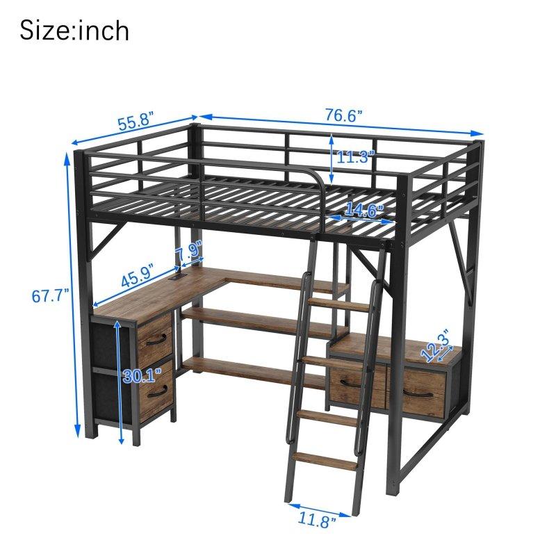 Siyah Metal Çalışma Masalı LED Işıklı ve Dolaplı Ranza - 195x142x172 cm - 248997