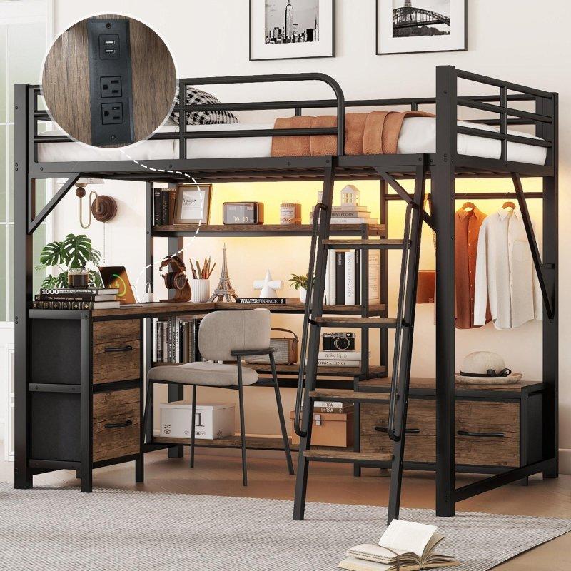 Siyah Metal Çalışma Masalı LED Işıklı ve Dolaplı Ranza - 195x142x172 cm - 248997