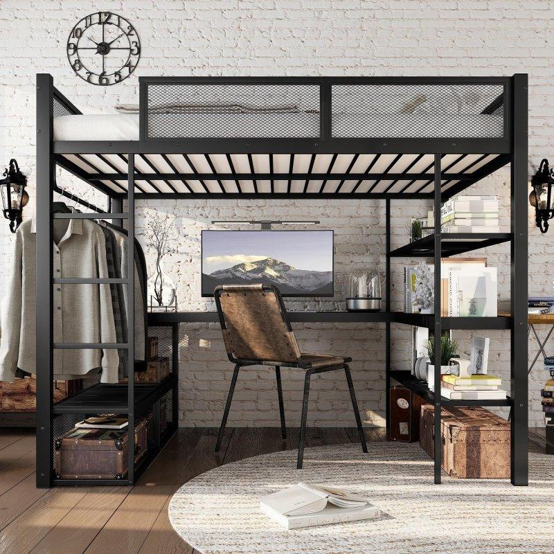 Siyah Metal Çalışma Masalı Raflı Askılı Ranza - 249601