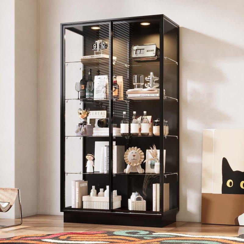 Siyah Metal Cam Kapaklı LED Işıklı Kitaplık - 101x185x44 cm - 313219