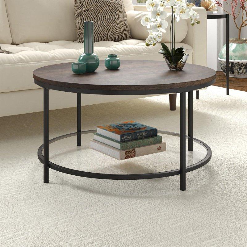 Siyah Metal Cam Raflı Ahşap Görünümlü MDF Yuvarlak Orta Sehpa - 82 cm - 241769