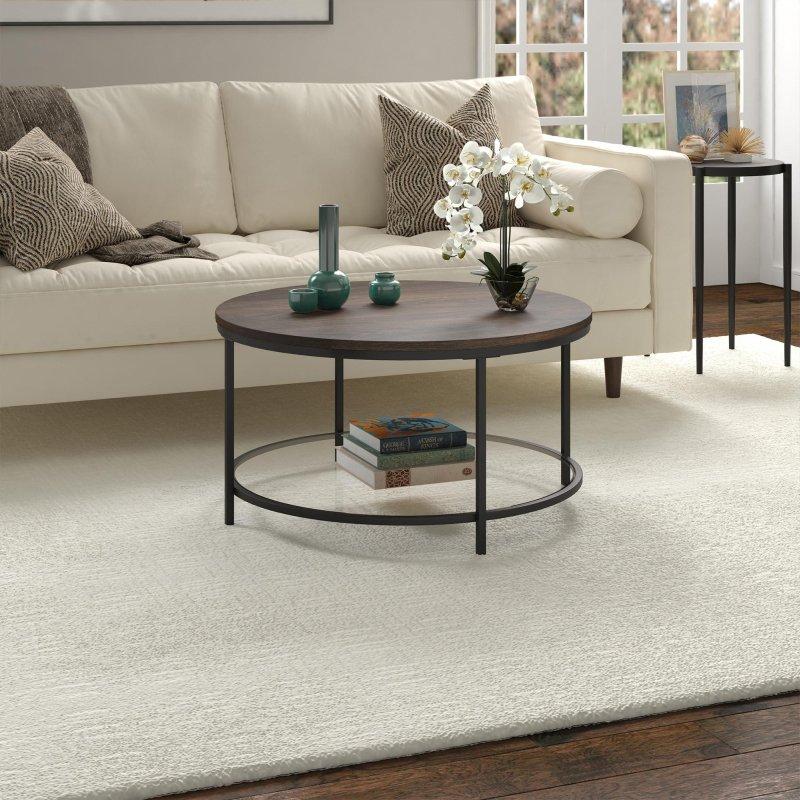 Siyah Metal Cam Raflı Ahşap Görünümlü MDF Yuvarlak Orta Sehpa - 82 cm - 241769
