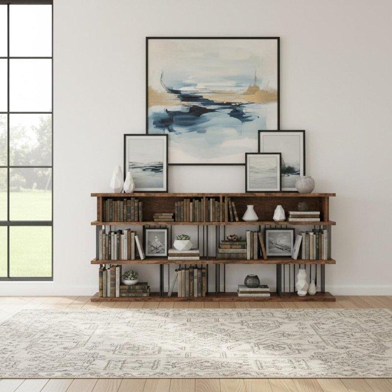 Siyah Metal Çerçeveli Ceviz MDF Endüstriyel Açık Raflı Kitaplık - 240x30x102 cm - 319701