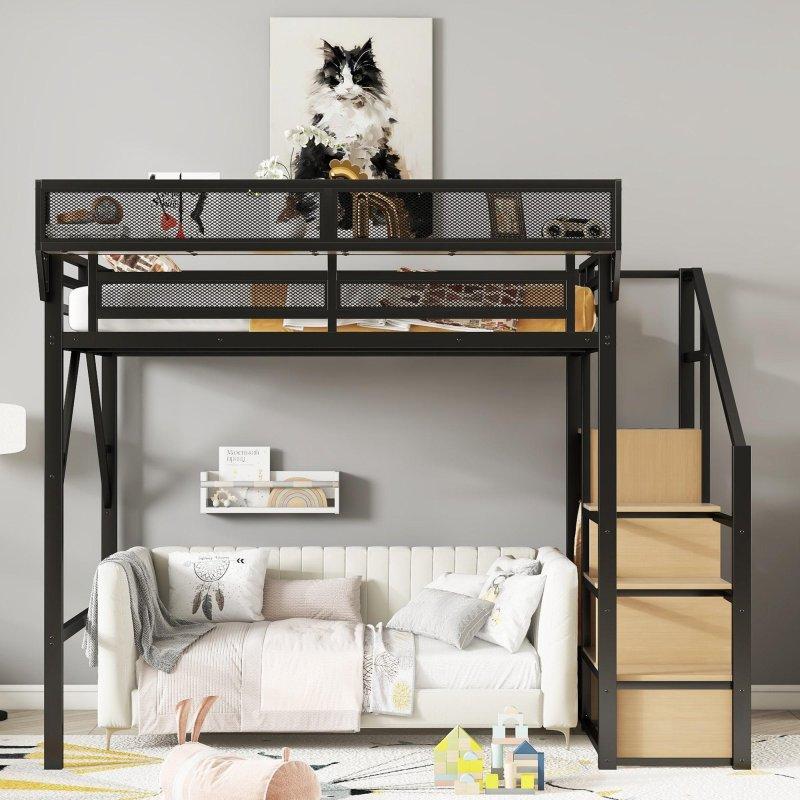 Siyah Metal Dolaplı Raflı Merdivenli Ranza - 240x142 cm - 249553