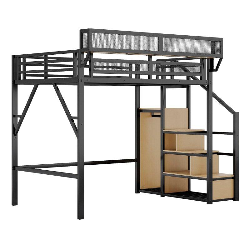 Siyah Metal Dolaplı Raflı Merdivenli Ranza - 240x142 cm - 249553