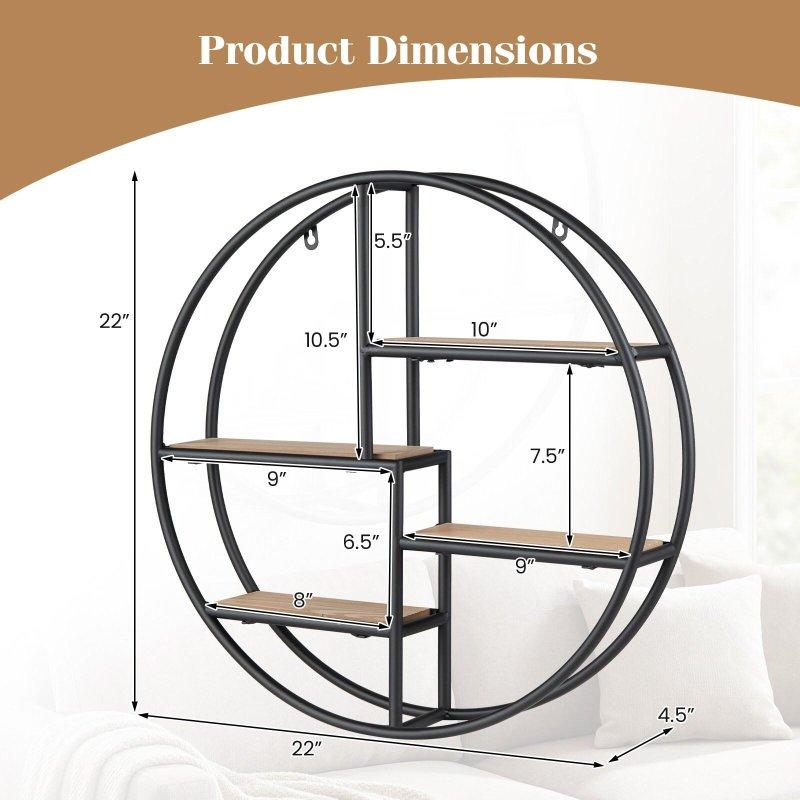 Siyah Metal Geometrik Tasarım Yuvarlak 4 Raflı Duvara Monte Kitaplık - 56 cm - 314065