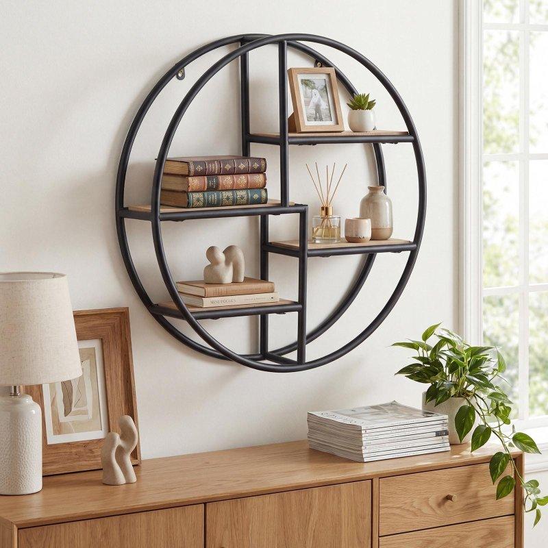 Siyah Metal Geometrik Tasarım Yuvarlak 4 Raflı Duvara Monte Kitaplık - 56 cm - 314065