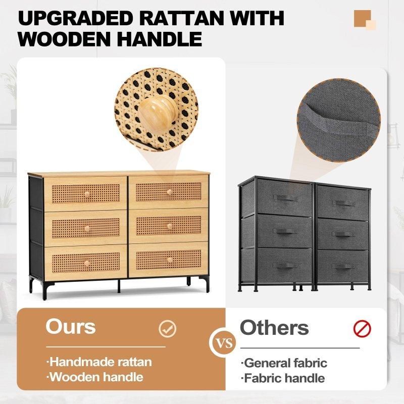 Siyah Metal Gövdeli Rattan Desenli 6 Çekmeceli Şifonyer - 117x82x41 cm - 298519