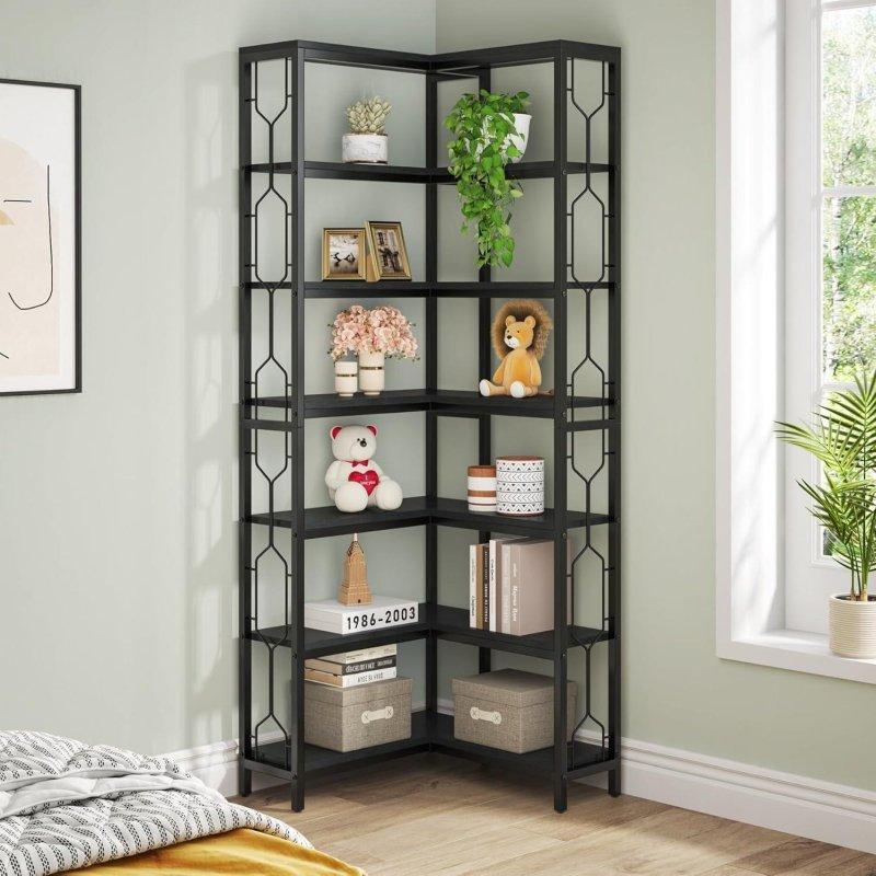 Siyah Metal İskeletli MDF 7 Raflı Altıgen Tasarımlı Köşe Kitaplık - 60x200 cm - 312901