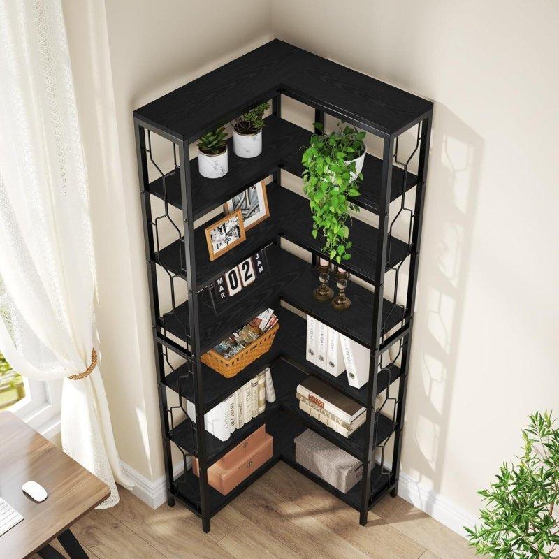 Siyah Metal İskeletli MDF 7 Raflı Altıgen Tasarımlı Köşe Kitaplık - 60x200 cm - 312901