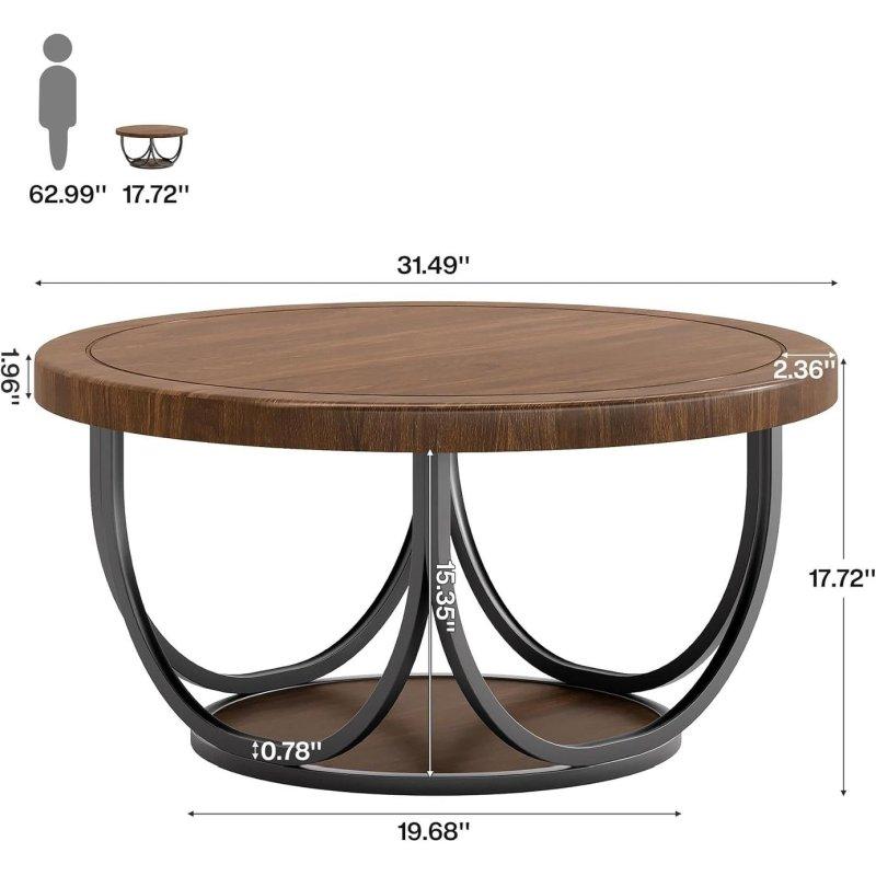 Siyah Metal Kahverengi Ahşap Çift Raflı Yuvarlak Orta Sehpa - 81 cm - 243236