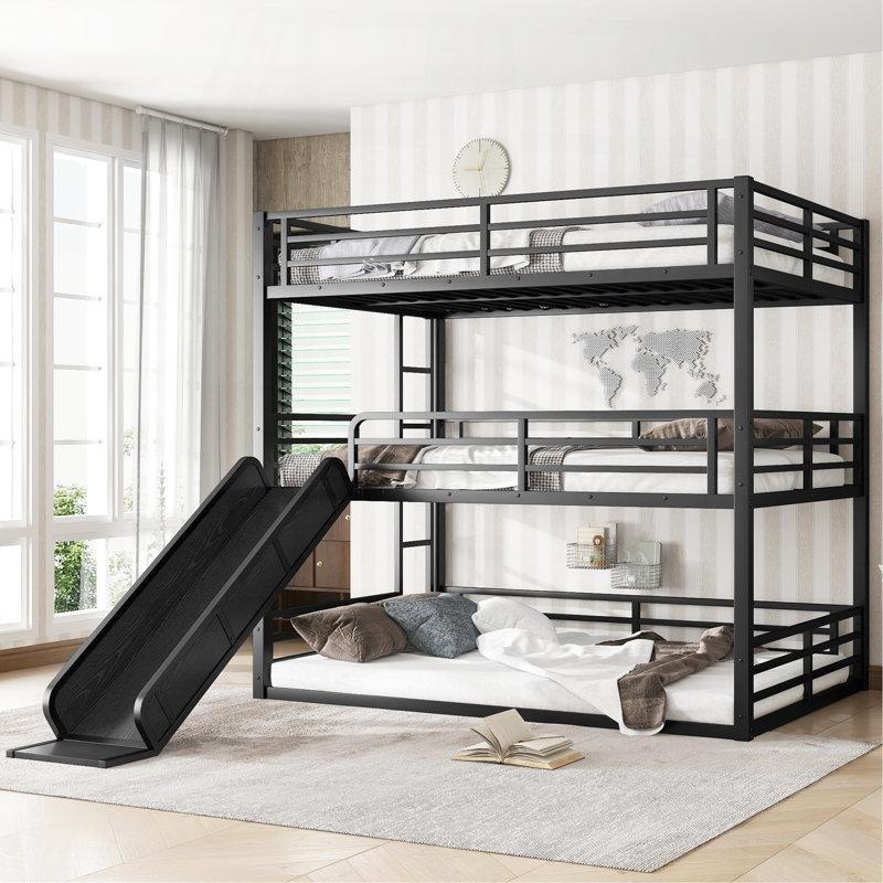 Siyah Metal Kaydıraklı Üç Katlı Ranza - 200x298x198 cm - 246266