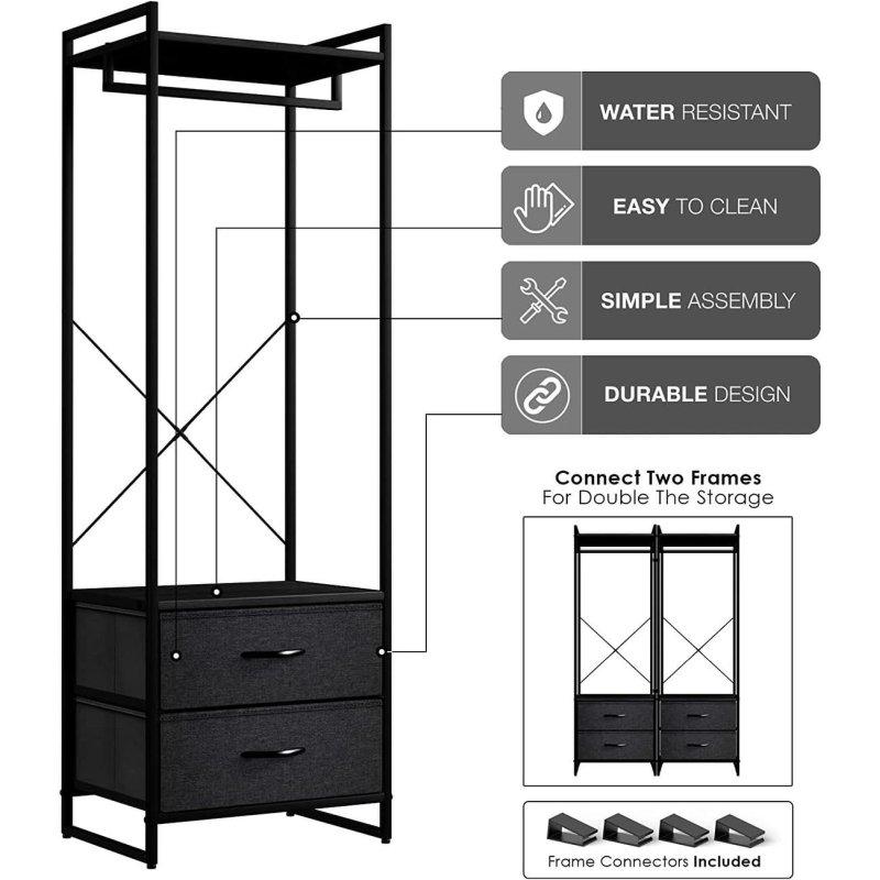 Siyah Metal Kumaş 2 Çekmeceli Askılıklı Şifonyer - 44x39x178 cm - 301348