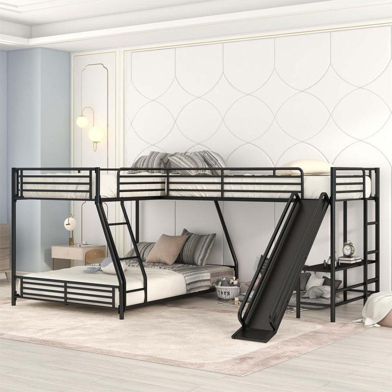 Siyah Metal L Tipi Kaydıraklı ve Çalışma Masalı Üç Kişilik Ranza - 246470