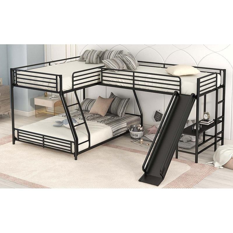 Siyah Metal L Tipi Kaydıraklı ve Çalışma Masalı Üç Kişilik Ranza - 246470